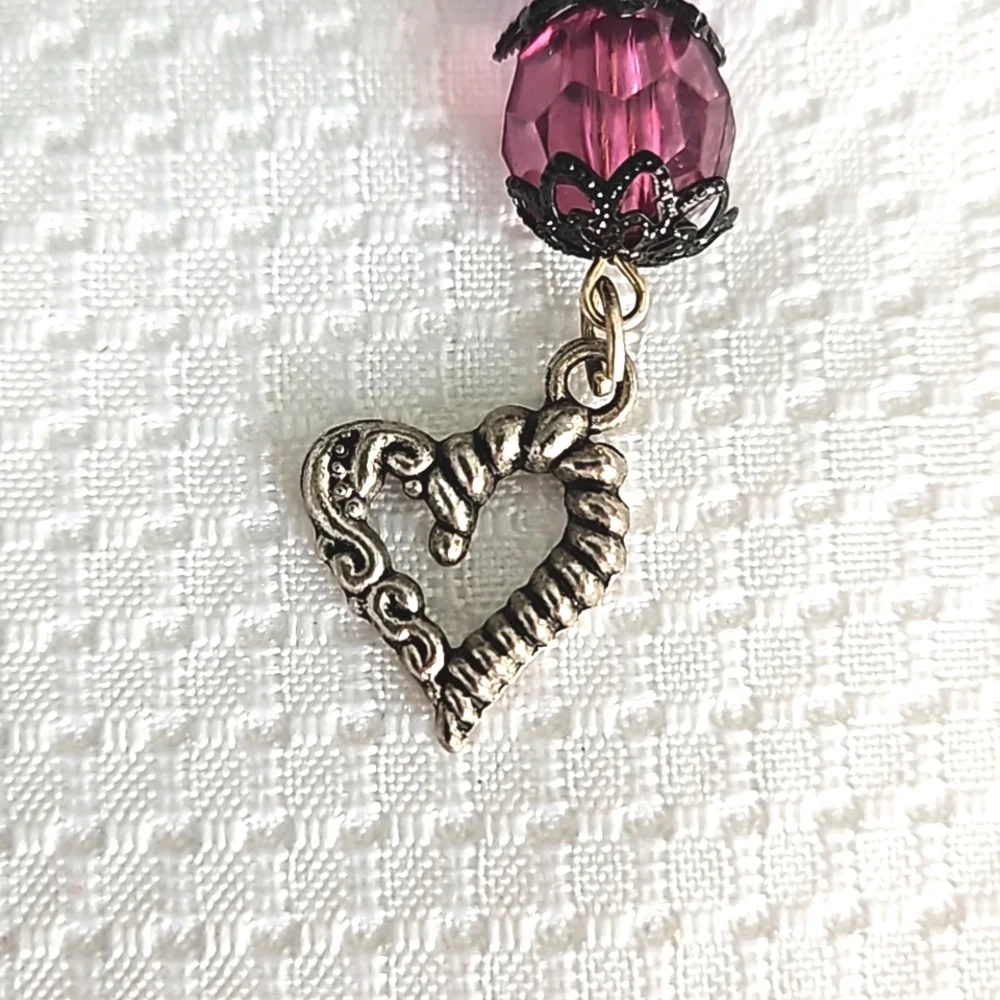 Hand Crafted Sparkling Heart Charm Keychain with Pink and Purple Beads
